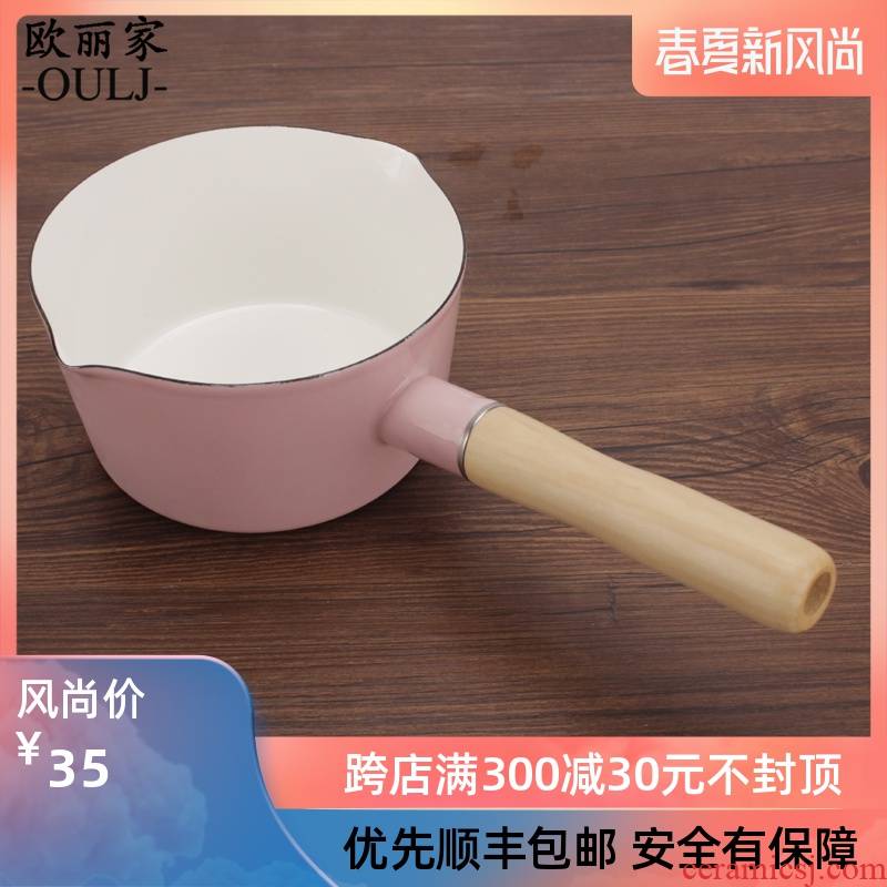 The Children's milk pan, 1.1 L small single handle milk pot enamel enamel boiling the milk pot baby see noodles soup pot