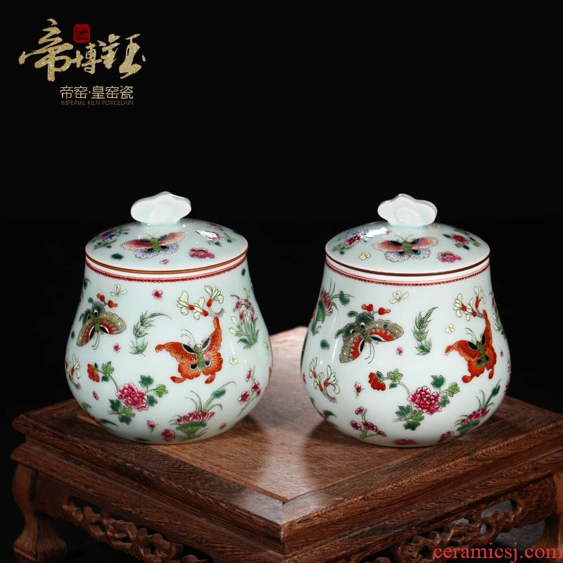 Jingdezhen ceramics antique hand - made azure glaze butterfly tea pot storage tank adornment handicraft furnishing articles