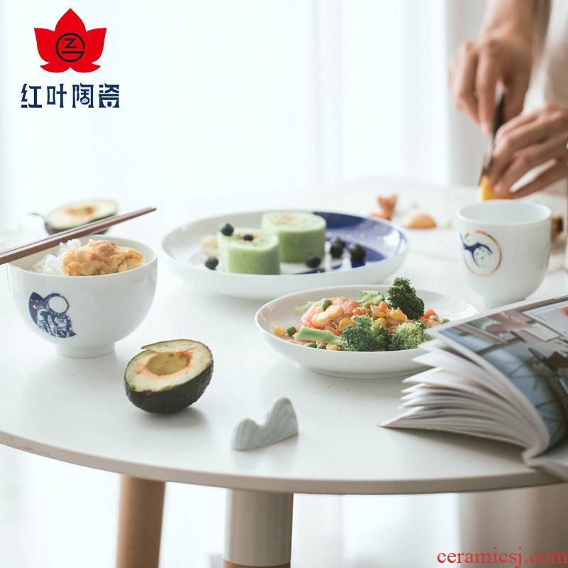 Red ceramic one single Chinese style household food tableware chopsticks sets dishes creative contracted to eat bread and butter plate