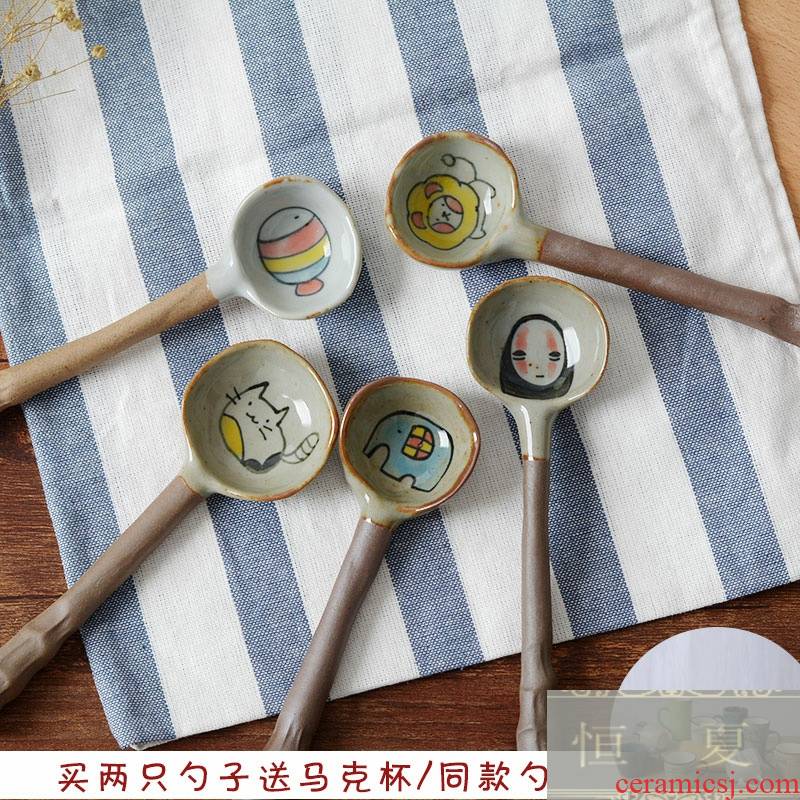 Creative ceramic spoon cartoon manual cartoon run the student individuality Creative Japanese lovely long handle household spoon