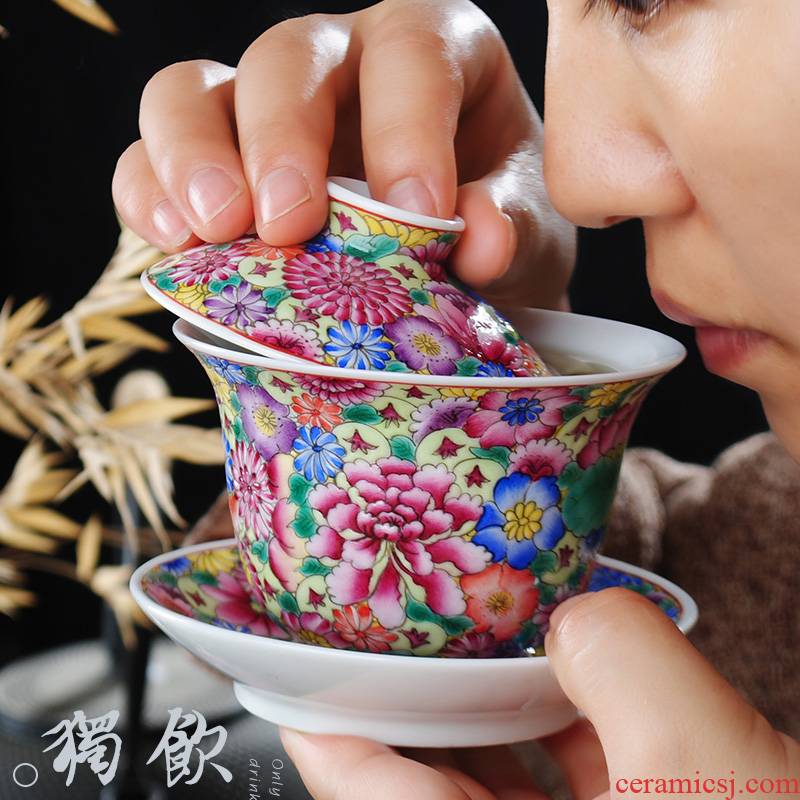Jingdezhen ceramic tureen tea set three to use large hand antique hand - made colored enamel flower powder enamel cups