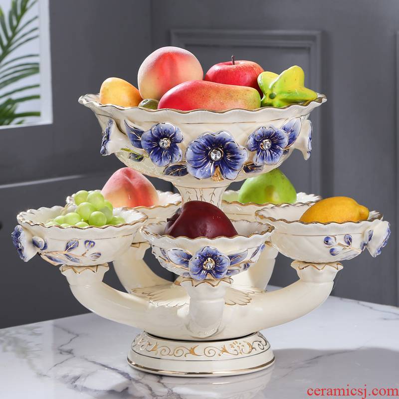 Fort SAN road European - style rotating double fruit bowl large home sitting room decorate ceramic furnishing articles blue name plum flower series