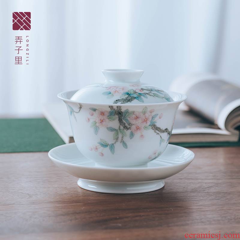 Get in tureen jingdezhen pastel hang silk hitom tureen domestic large tea white porcelain three tureen tea cups