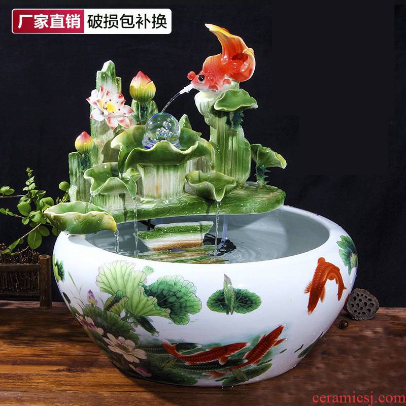 Chinese feng shui round ceramic aquarium water fountain furnishing articles sitting room home desktop household the accumulate creative humidifier