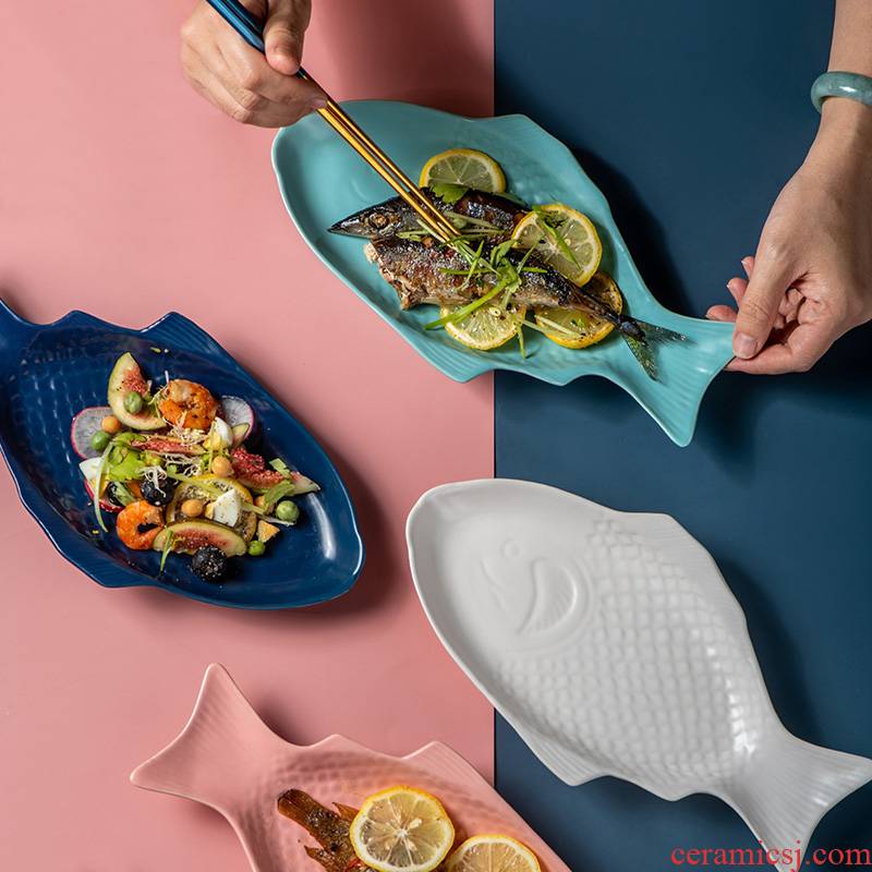 The Nordic idea fish dish ceramic plate large capacity steamed fish dish fish dish household porcelain plate