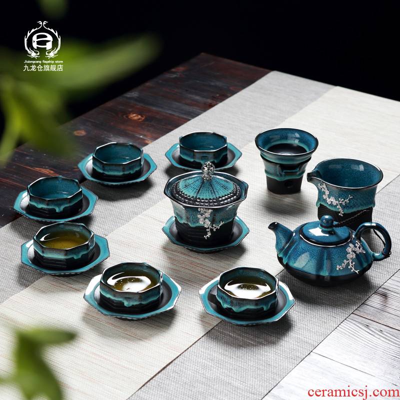 DH jingdezhen kung fu tea set suit household creative up small glass ceramic cups tureen teapot