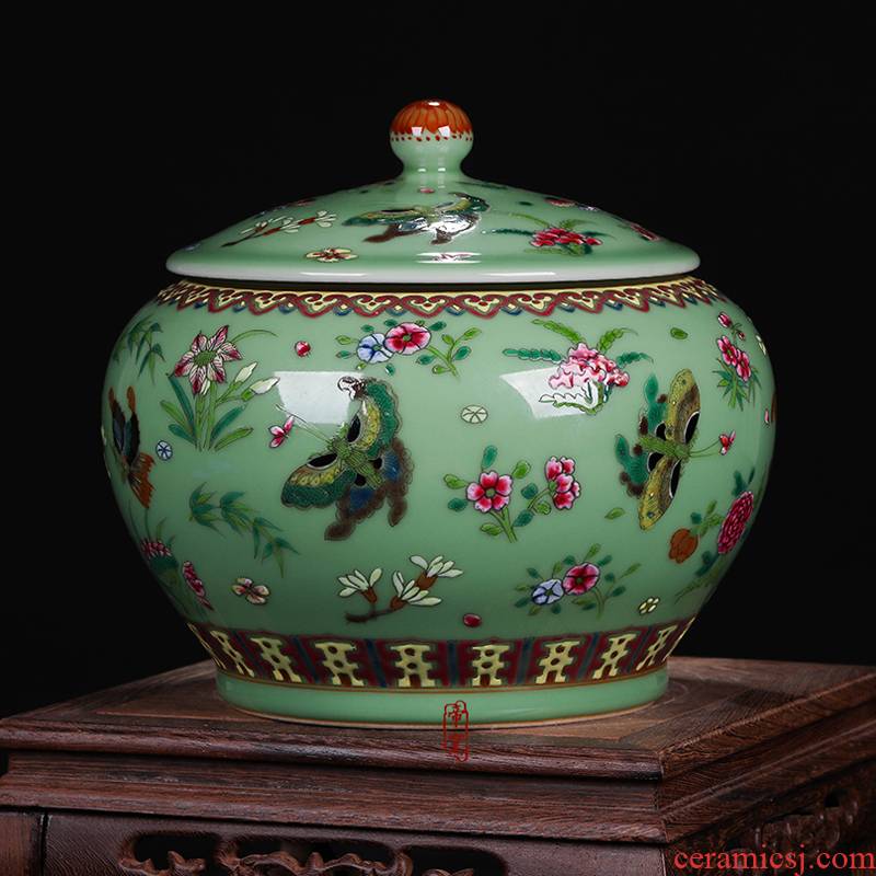 Jingdezhen ceramics pea green glaze antique hand - made enamel butterfly storage tank cylinder barrel seeds wedding gift