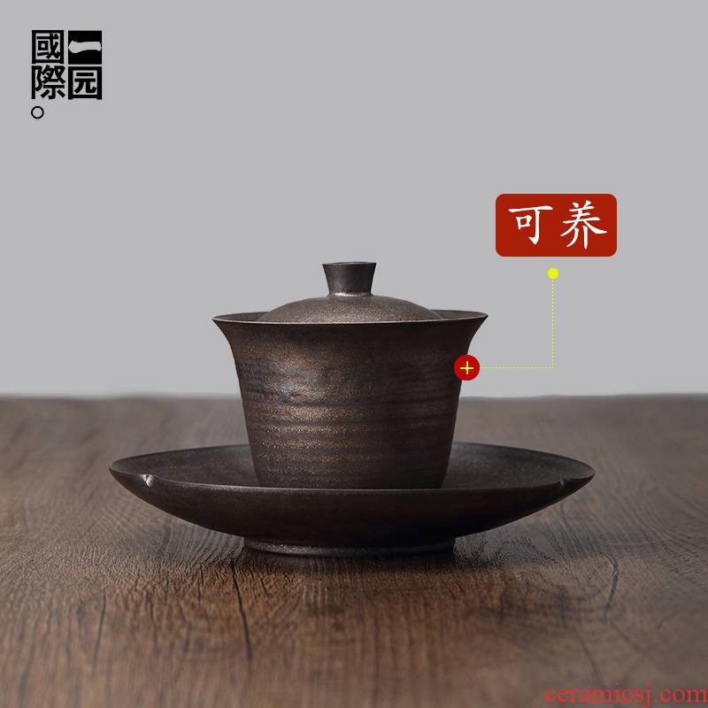A yellow, bronze, gold sand ceramic tureen tea set domestic large tea bowl hand grasp three of the bowl bowl of restoring ancient ways