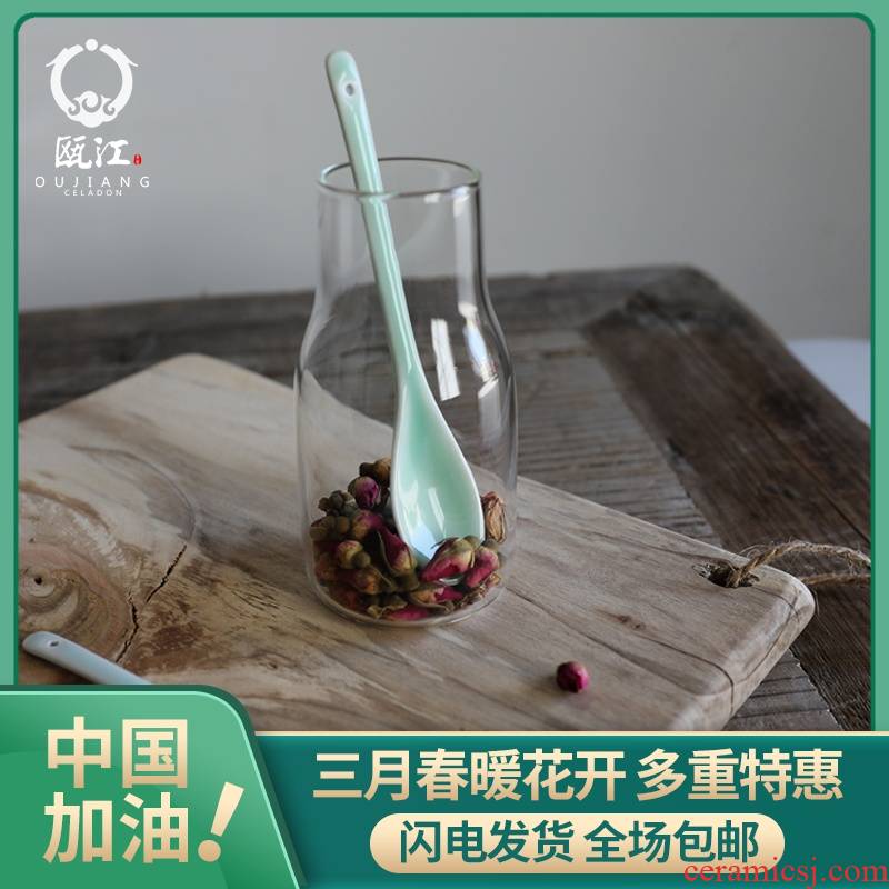 Oujiang longquan celadon coffee spoon, long - handled spoon stir household ceramic spoon sweet milk tea spoon, spoon