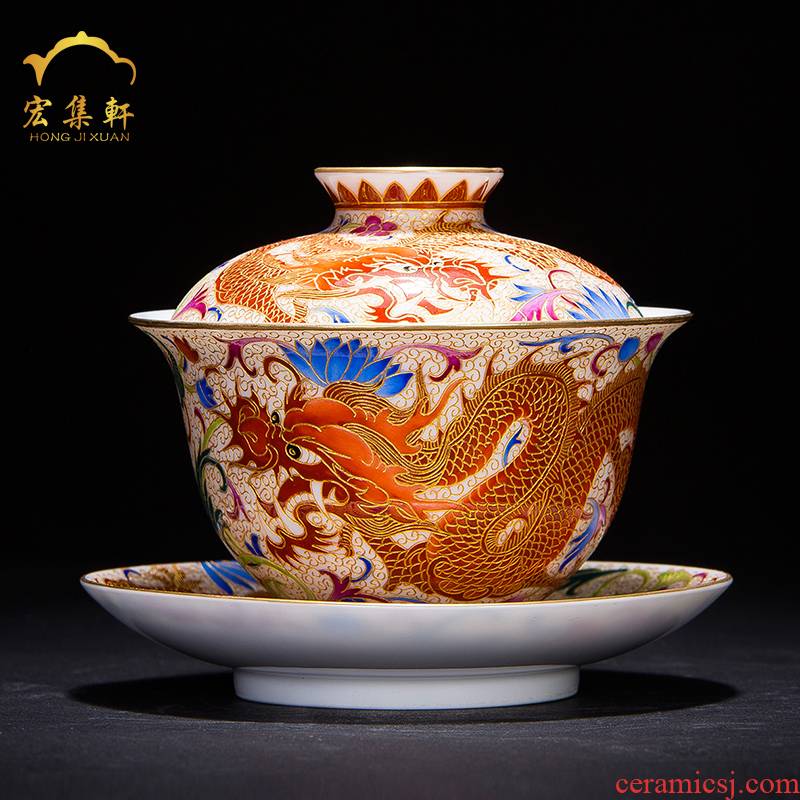 Pure manual colored enamel longfeng tureen only three tureen ceramic cups large teapot kung fu tea set to use