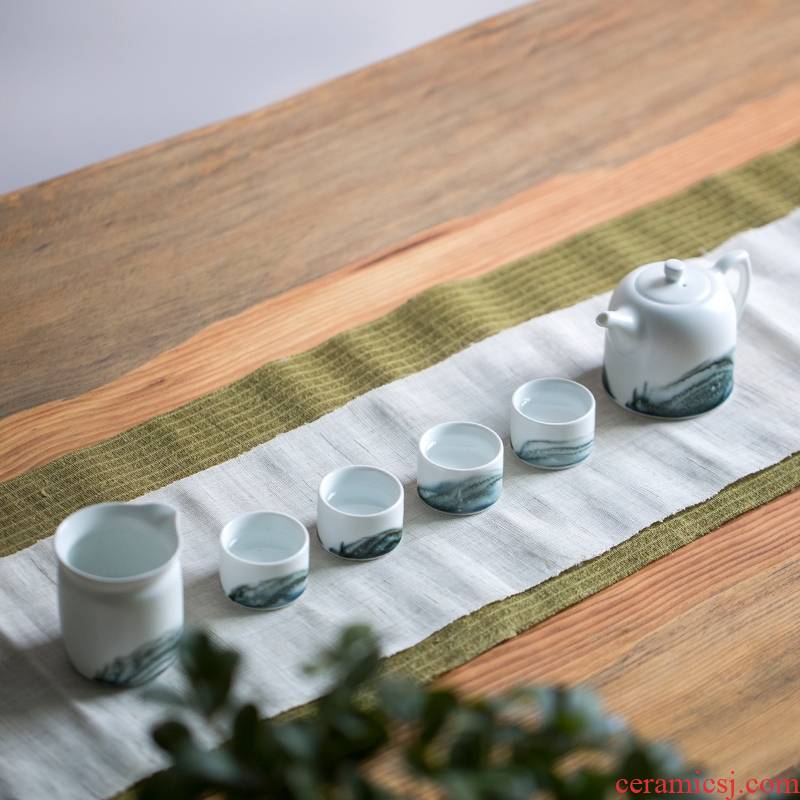 The landscape green tea set household contracted and I Chinese style of a complete set of jingdezhen ceramics kunfu tea gift set