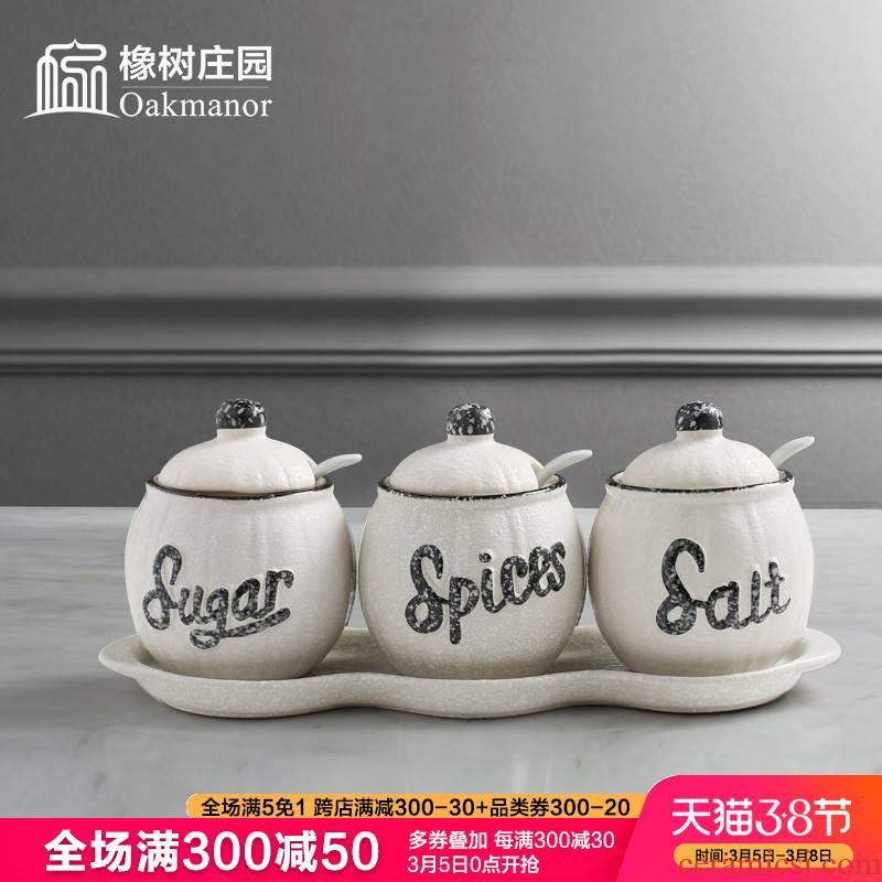 Ceramic seasoning jar of salt sugar seasoning box combination suit household household restaurant kitchen utensils MSG as cans