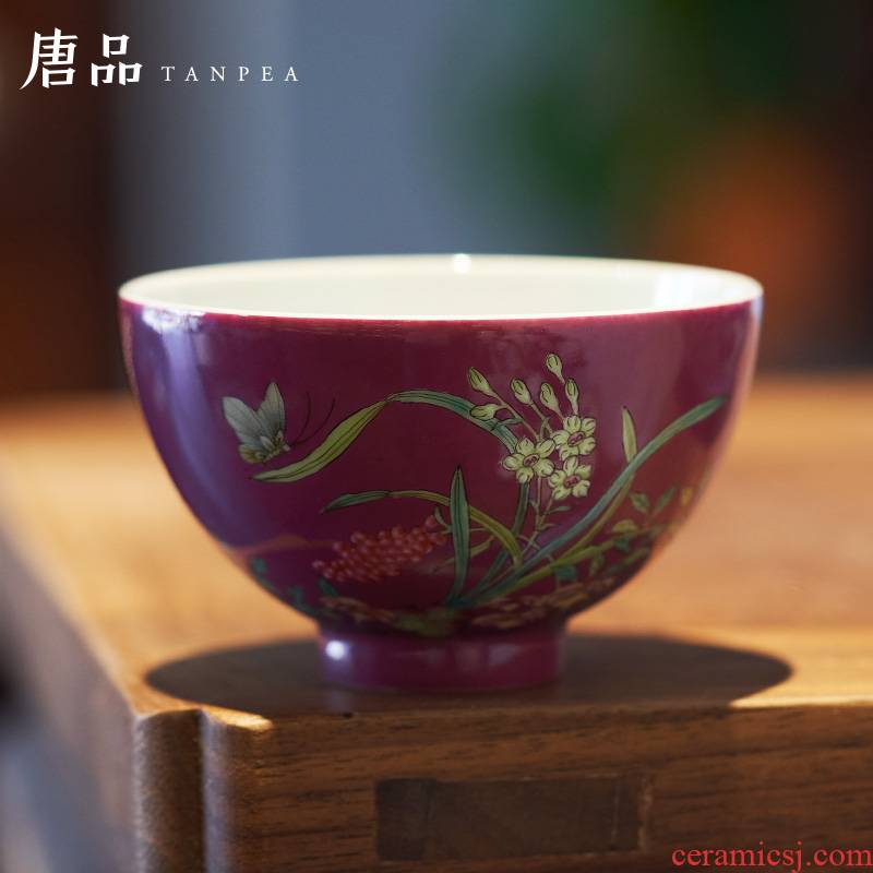 Colored enamel carmine flowers personal Lord kung fu tea cup of jingdezhen ceramic cups butterfly orchid single CPU