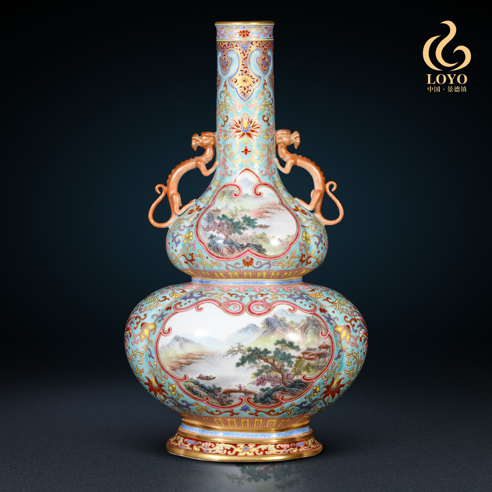 Jingdezhen ceramics qianlong pastel paint landscape therefore ear gourd vases, Chinese style household decorations furnishing articles