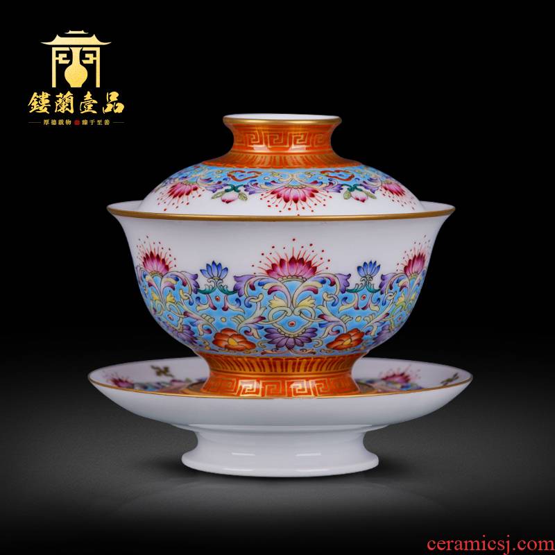 Jingdezhen ceramic all hand - made colored enamel paint even rise step by step foot only three tureen tea bowl of tea