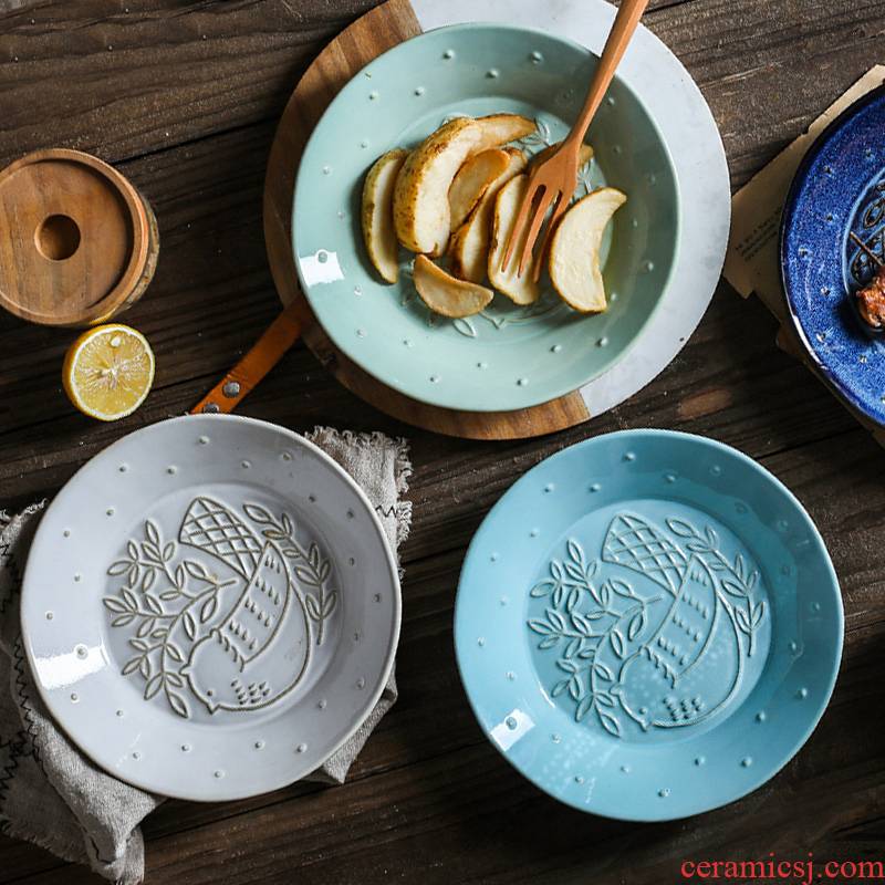 Porcelain color beautiful pastoral wind anaglyph LIDS, western food steak dish ceramic plate plate of fruit salad bowl creative dishes