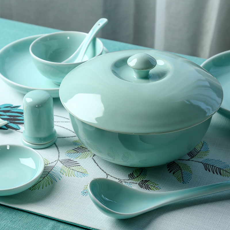 Longquan celadon large with cover to use tableware ceramic bowl in clay pot soup home pure color a large food bowl of pickled fish dish