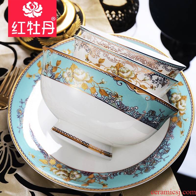 Red peony ipads porcelain tableware suit dishes composite ceramic plate tall bowl bowl against the hot dishes suit household