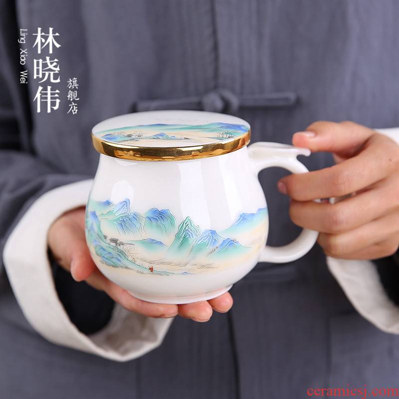 Office ceramic cups with cover filter household glass tea cup creative hand - made huai landscape mark cup