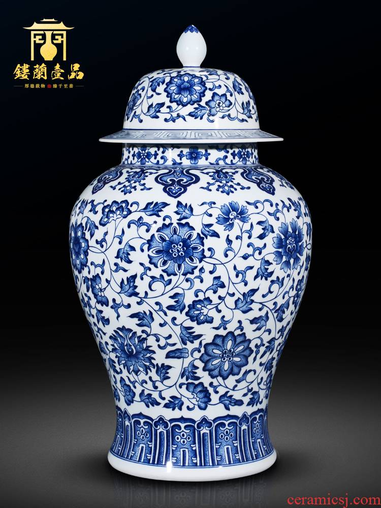 Jingdezhen ceramics antique blue - and - white bound lotus flower general large jar of new Chinese style home sitting room adornment is placed