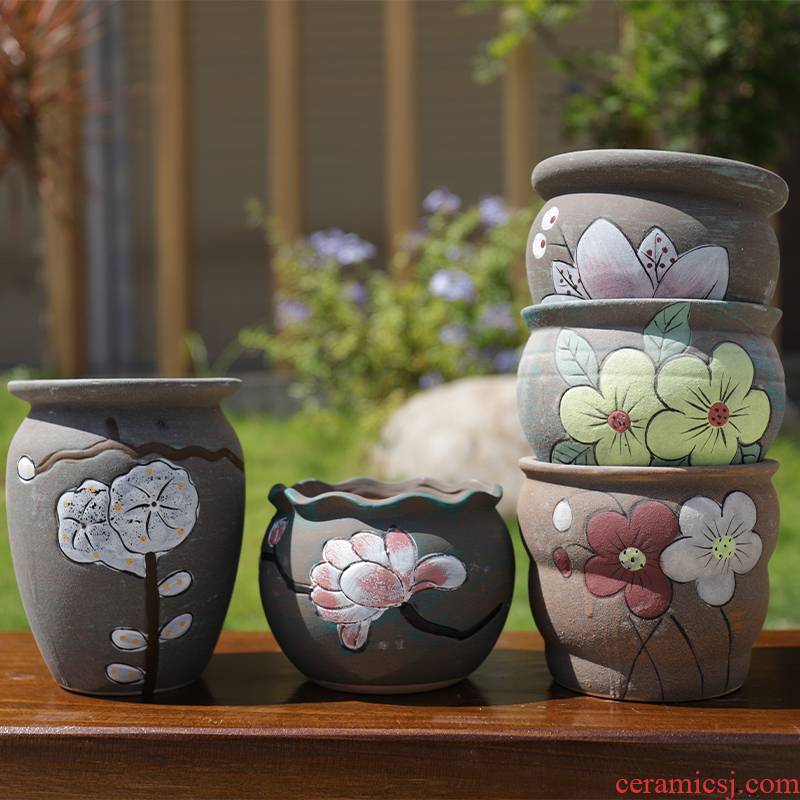 Fleshy flower POTS, large diameter Korean plain color meat meat plant POTS of rural wind hand - made contracted through pockets pottery flowerpot