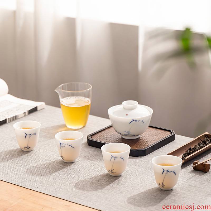 JingLan hand - made tea set suit household white tyres white porcelain jingdezhen ceramics tureen kung fu tea cups of a complete set of three