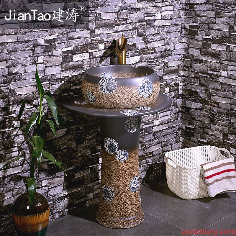 Ceramic floor pillar basin one - piece basin art lavabo balcony column type lavatory waist drum blue and white