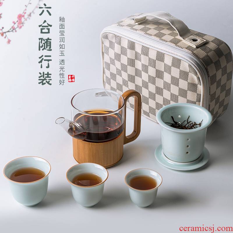 A pot of travel three glasses of glass tea set is suing the car celadon office tea tray, glass tea set suit bag