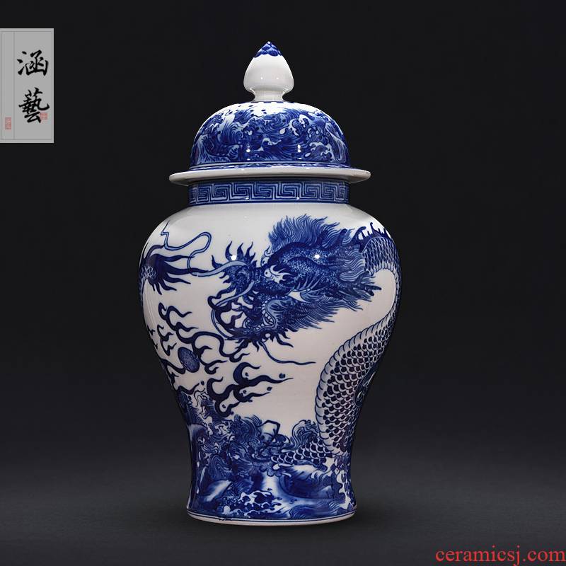 Jingdezhen blue and white dragon ceramics vase general tank storage tank handicraft furnishing articles furnishing articles decorations sitting room