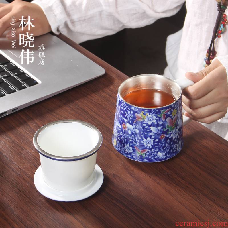 Jingdezhen tasted silver ceramic cup 999 sterling silver gilding office separation filter tea cups with cover cup