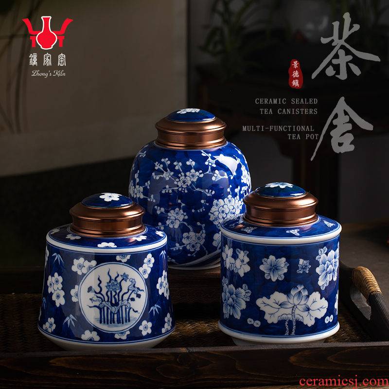 Clock home up with jingdezhen ceramic tea pot hand - made porcelain of large metal double hermetically sealed as cans name plum tea storehouse