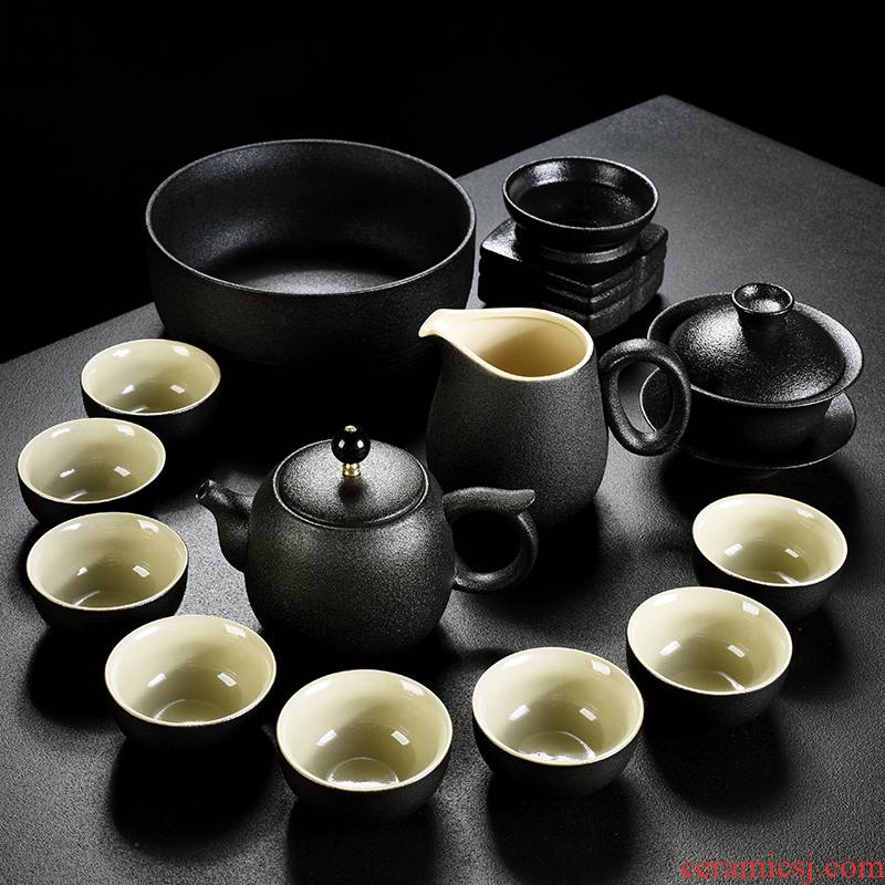 Old &, coarse pottery kung fu tea set of black suit household contracted real MuZhu tea tray lid restoring ancient ways bowl of tea cups