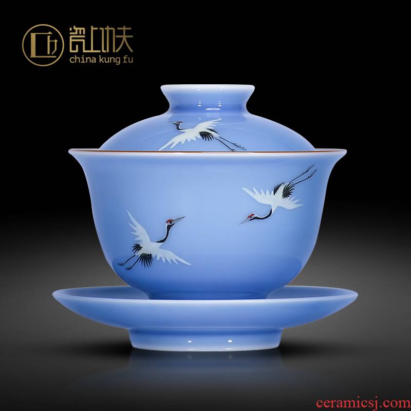 The Custom of jingdezhen ceramic three to household hand kung fu tea tureen tea cups little bowl tea thin foetus