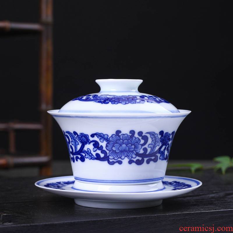 Offered home - cooked three just tureen hand - made ceramic tea bowl of blue and white porcelain in jingdezhen porcelain tea bowl of pure hand cups