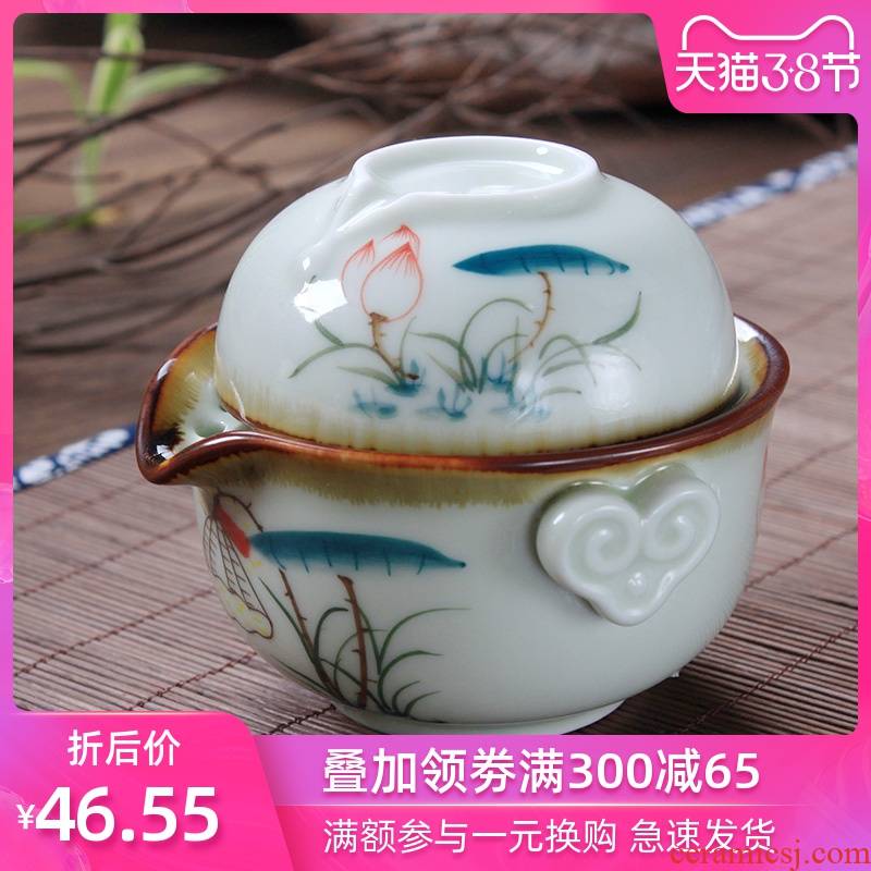 Porcelain brand nameplates, crack cup a pot of a ceramic travel portable car under the blue and white Porcelain glaze color kung fu tea set