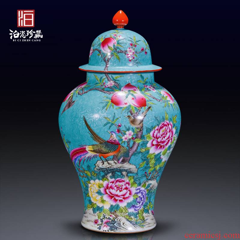 Jingdezhen ceramic hand - made grilled pastel flowers notes tong prosperous general tank Chinese style living room home decoration collection furnishing articles