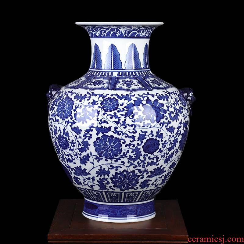 Blue and white porcelain of jingdezhen ceramics ocean 's ears bottle large vases, flower arranging archaize sitting room porch place decorations