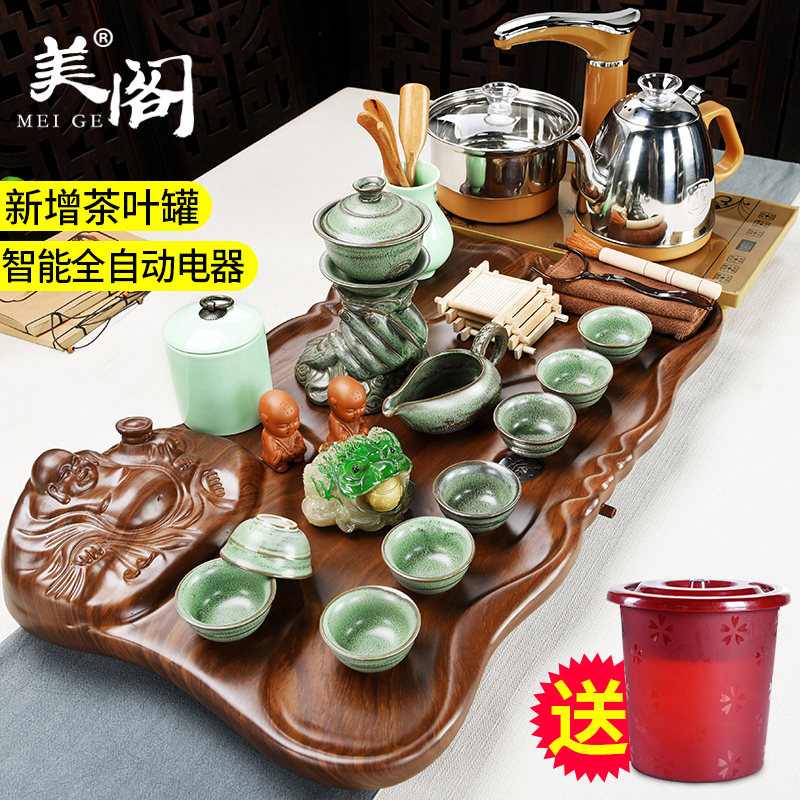 Beauty cabinet automatic tea set home lazy ceramic tea cups of tea table of a complete set of four solid wood tea tray