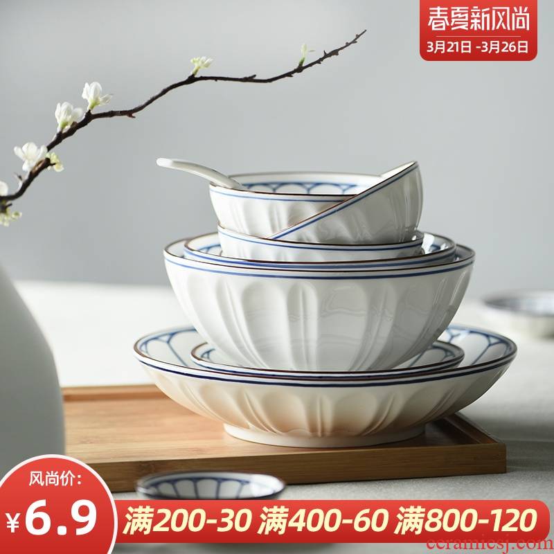 , Korean ceramic tableware bowls of household creative soup bowl rainbow such use pomelo disc contracted stripe bowl dish plate of flat plate