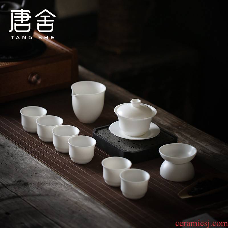 Don difference up suet jade dehua white porcelain kung fu tea set, informs jade porcelain tea set tea cup lid bowl gift box