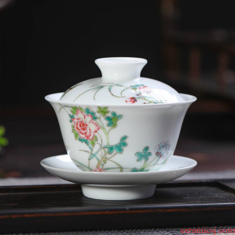 Offered home - cooked three just tureen hand - made ceramic famille rose porcelain tea cups in pure manual to use jingdezhen tea