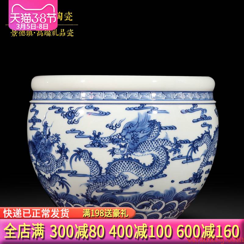 Jingdezhen ceramics goldfish turtle cylinder hand - made "wulong cylinder" blue and white porcelain vase sitting room porch place