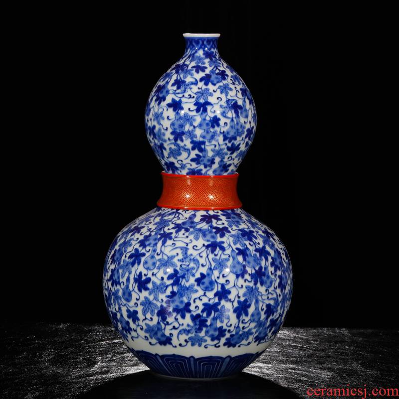 Yang Shiqi palace blue - and - white porcelain dou red ring gourd grain and name the gourd bottle