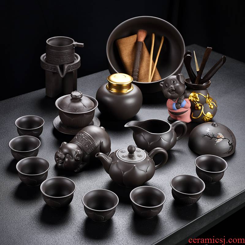 Old & at the case of a complete set of lotus raw ore violet arenaceous kung fu tea set suit household contracted teapot teacup tea caddy fixings