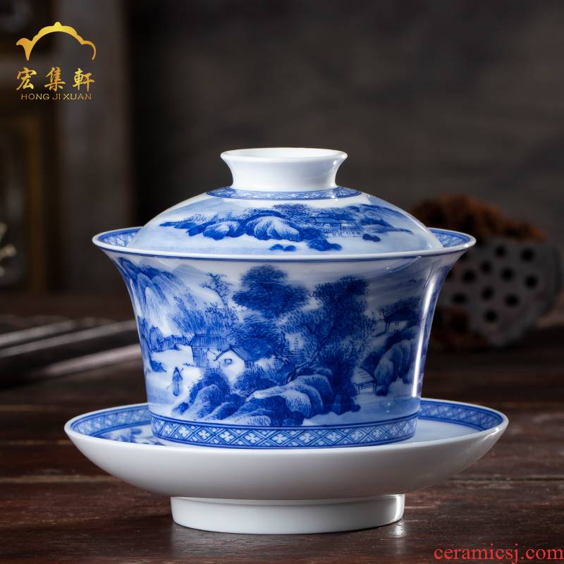 Macro sets hin jingdezhen tureen hand - drawn work full of blue and white landscape three to make tea tureen white porcelain cups in large bowl