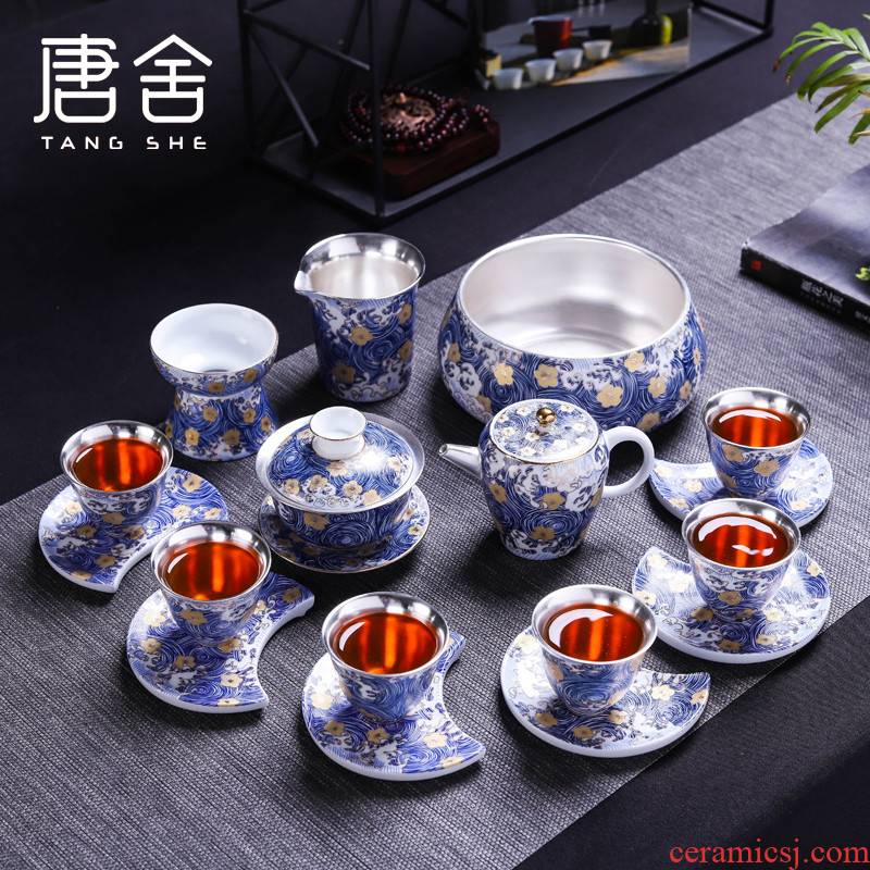 Don difference up silver colored enamel tasted silver gilding kung fu tea set of a complete set of ceramic tea household lid bowl of gift boxes
