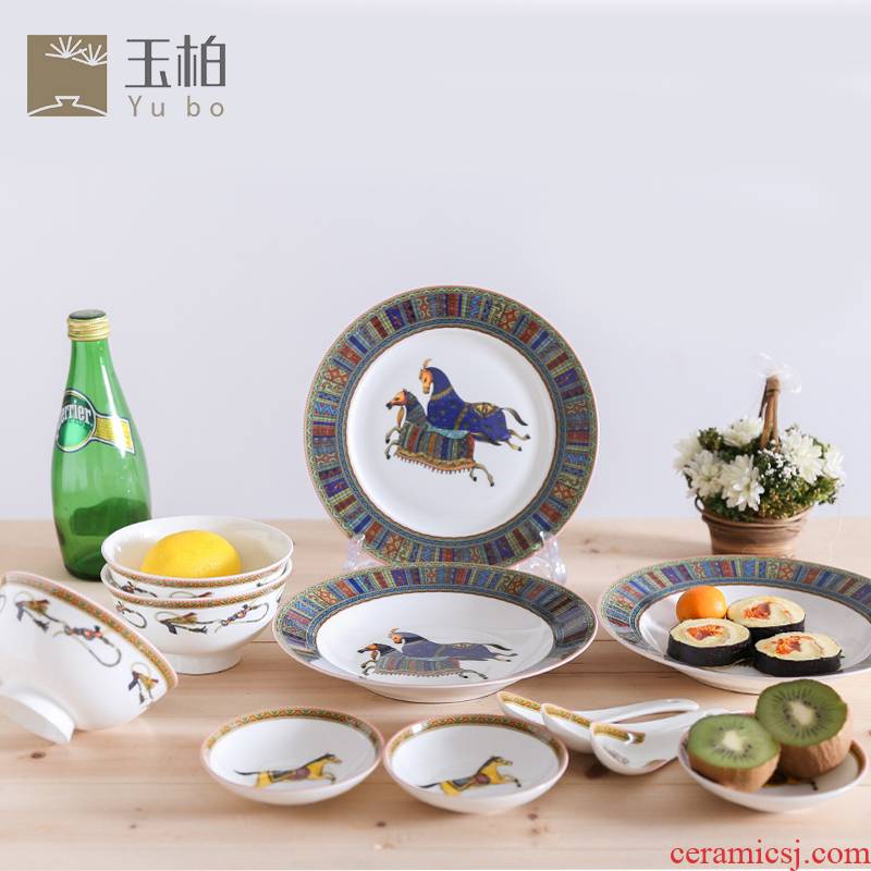 Jade cypress jingdezhen household use of western - style food rice bowl chopsticks dishes suit ipads porcelain plate suit "eight jun figure"