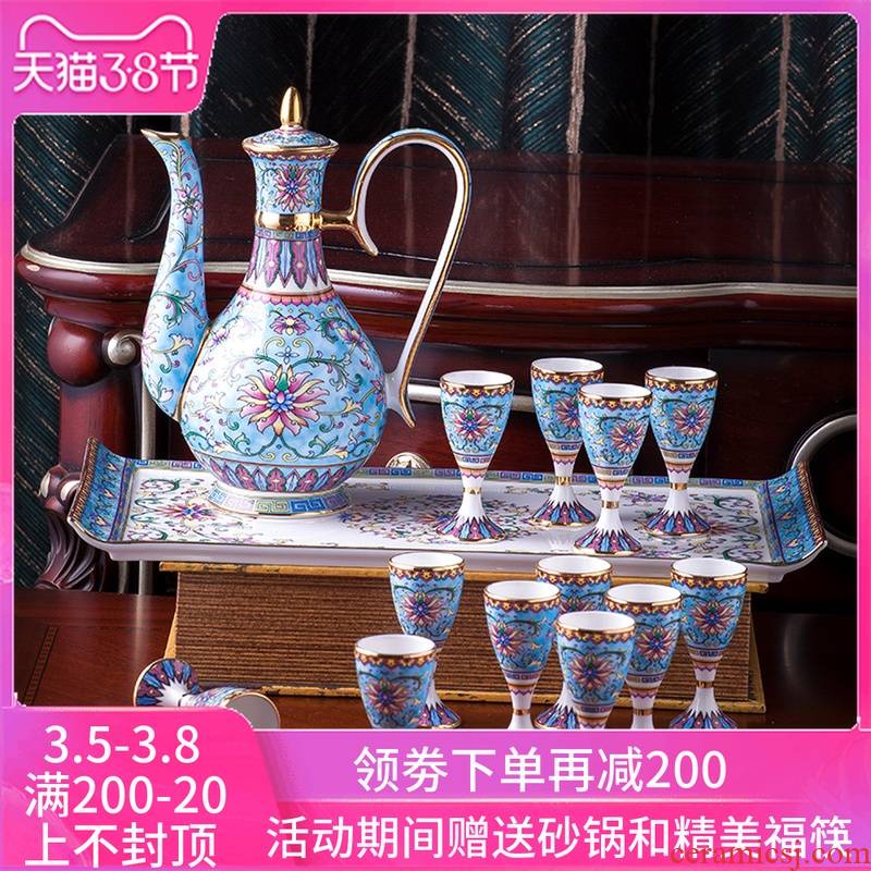 Jingdezhen ceramics wine set home court antique Chinese colored enamel paint wine pot liquor cup set