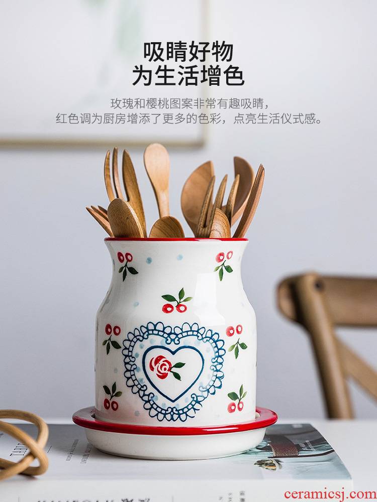 Modern Japanese housewife hand - made cherry chopsticks tube creative ceramic knife and fork spoon, chopsticks box home drop the chopsticks