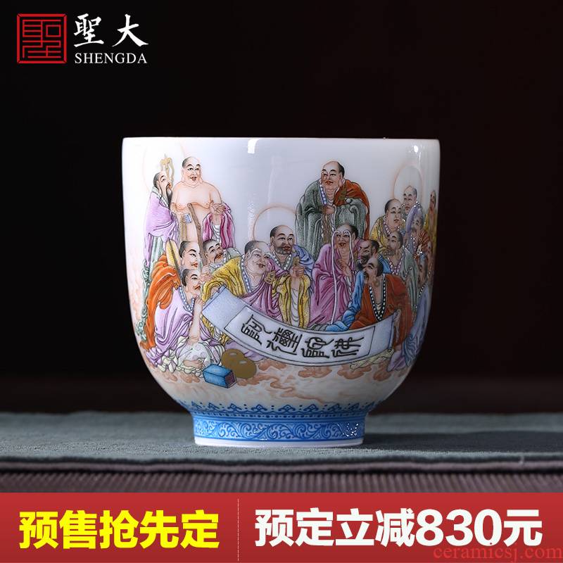Holy big ceramic curios hand - made heavy powder enamel paint 18 arhats masters cup jingdezhen tea sample tea cup